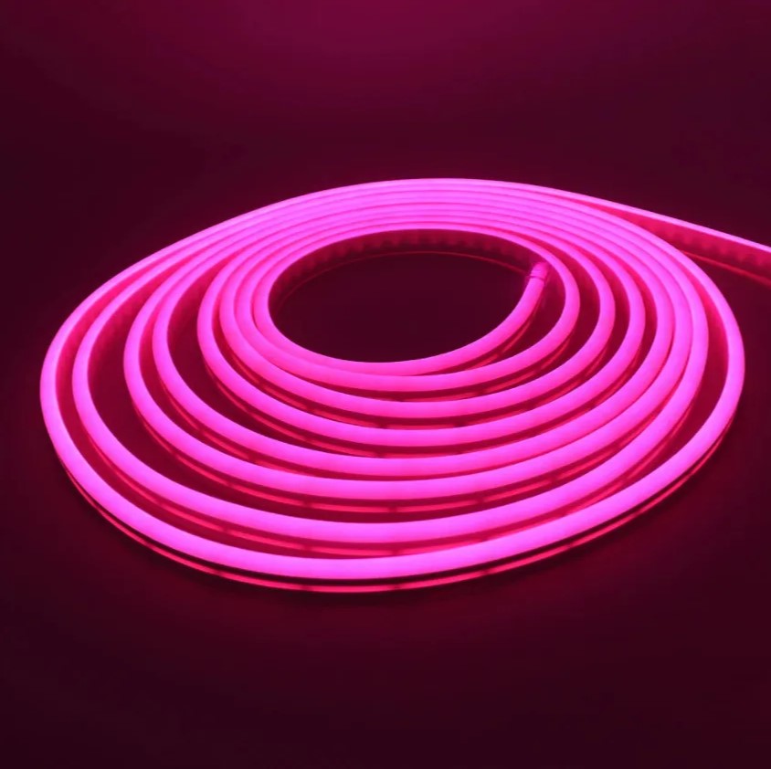 Розовая неоновая светодиодная лента PJ neon 5 метров с адаптером питания 6х12, 12В, 9.6Вт, IP67, 120 LED/метр