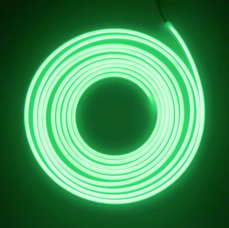 Зелёная неоновая светодиодная лента PJ neon 5 метров с адаптером питания 6х12, 12В, 9.6Вт, IP67, 120 LED/метр